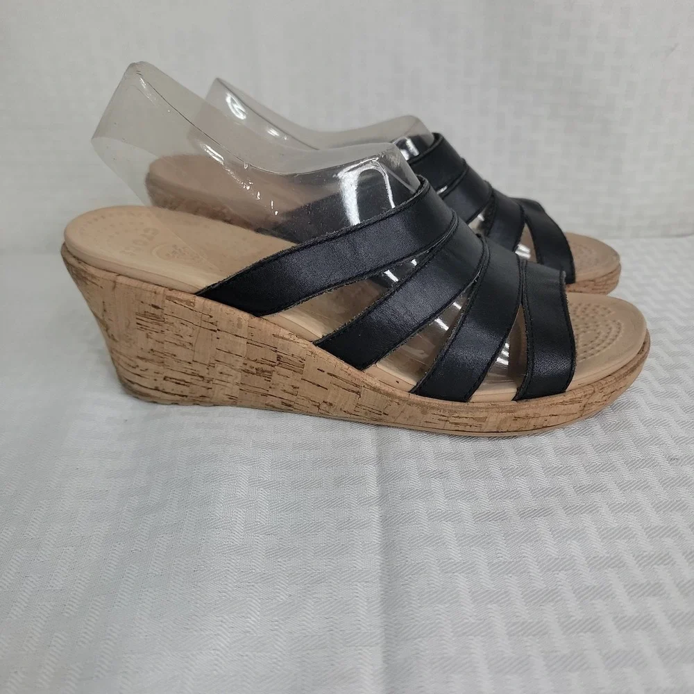 Crocs Womens 9 A Leigh Wedge Sandals Black Leather Cork Platform Slip On